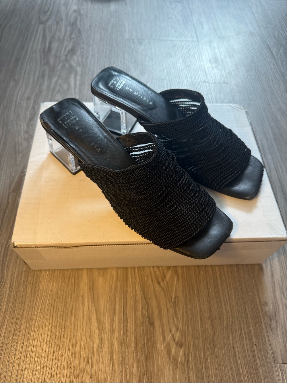E8 by Miista Black Lucite Heel Rope Woven Mules - Picture 4 of 4